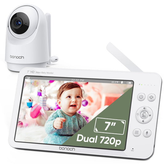 Bonoch 7-inch baby monitor with camera, 720P HD, 6000mAh battery, night vision, two-way audio, remote PTZ, VOX mode, temperature sensor, 8 lullabies.