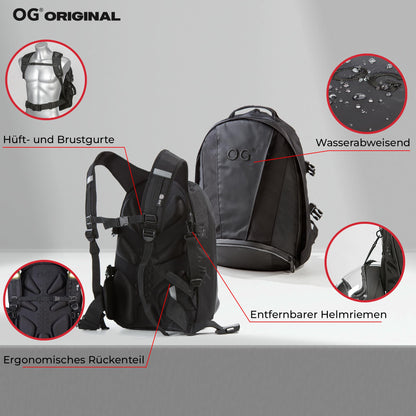 OG Original EZ-RiderPRO Motorcycle Backpack Black Expandable 28-35L, Motorcycle Helmet Bag, Helmet Carrying Strap, Waterproof, Laptop Compartment, Reflective, Black Logo