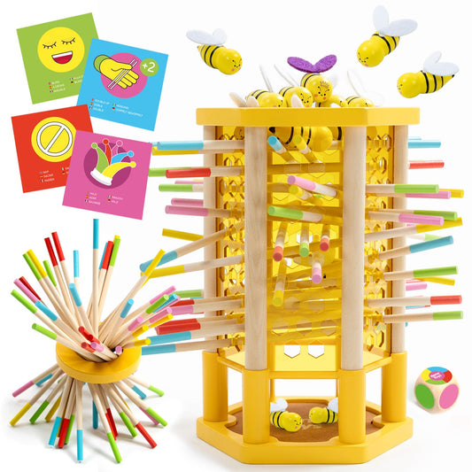 Nene Toys BEEFALL Large, 4-in-1 educational game with bees, Montessori toy for ages 3 and up featuring colorful sticks, dice, and cards - Wooden game for boys & girls 3-9 years - Educational family game