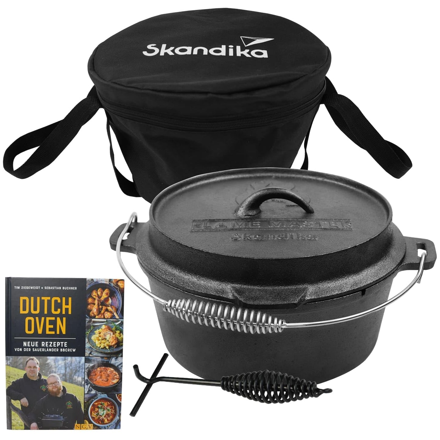 Skandika Dutch Oven Flame Master 5.1 L | Cast iron pot for cooking, includes recipe book by the Sauerländer BBCrew, pre-seasoned, without feet, lid lifter, carrying bag | Fire pot for grilling, camping