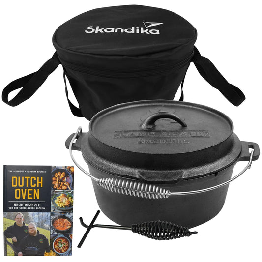 Skandika Dutch Oven Flame Master 5.1 L | Cast iron pot for cooking, includes recipe book by the Sauerländer BBCrew, pre-seasoned, without feet, lid lifter, carrying bag | Fire pot for grilling, camping