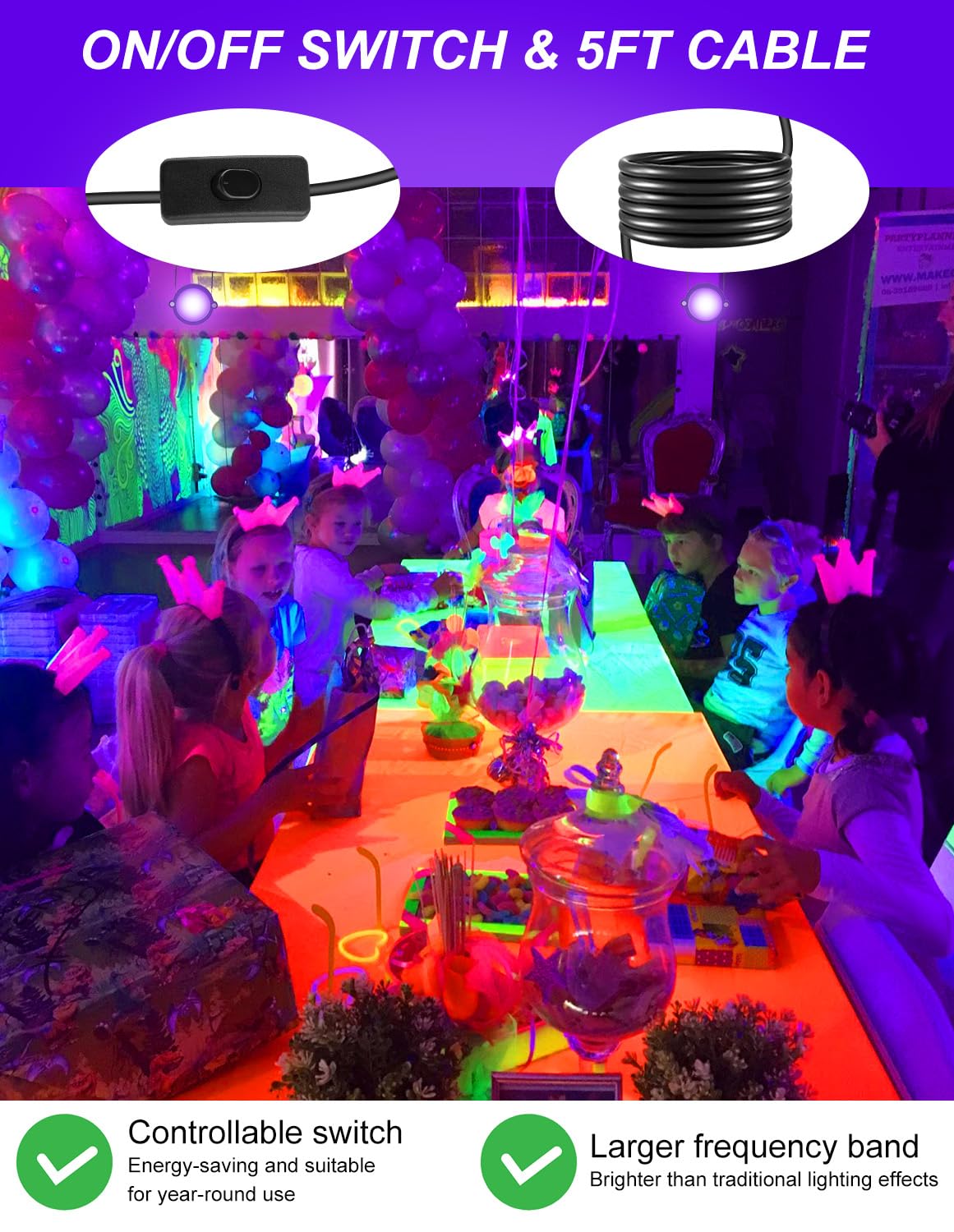 NATPOW UV Blacklight Lamp, Blacklight Bulb with Plug for Indoor Outdoor Use, Fluorescent Ultraviolet Ray Blacklight Party Light for Halloween Aquarium Bar Disco (2 Pieces)