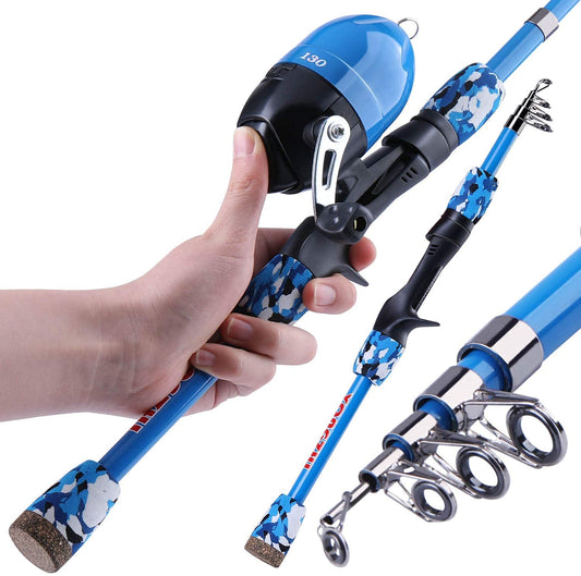 Sougayilang Kids Fishing Rods, portable telescopic fishing rod and reel combo, with fishing line, spincast fishing bag for youth, girls and boys, traveling, kids fishing rod (blue)