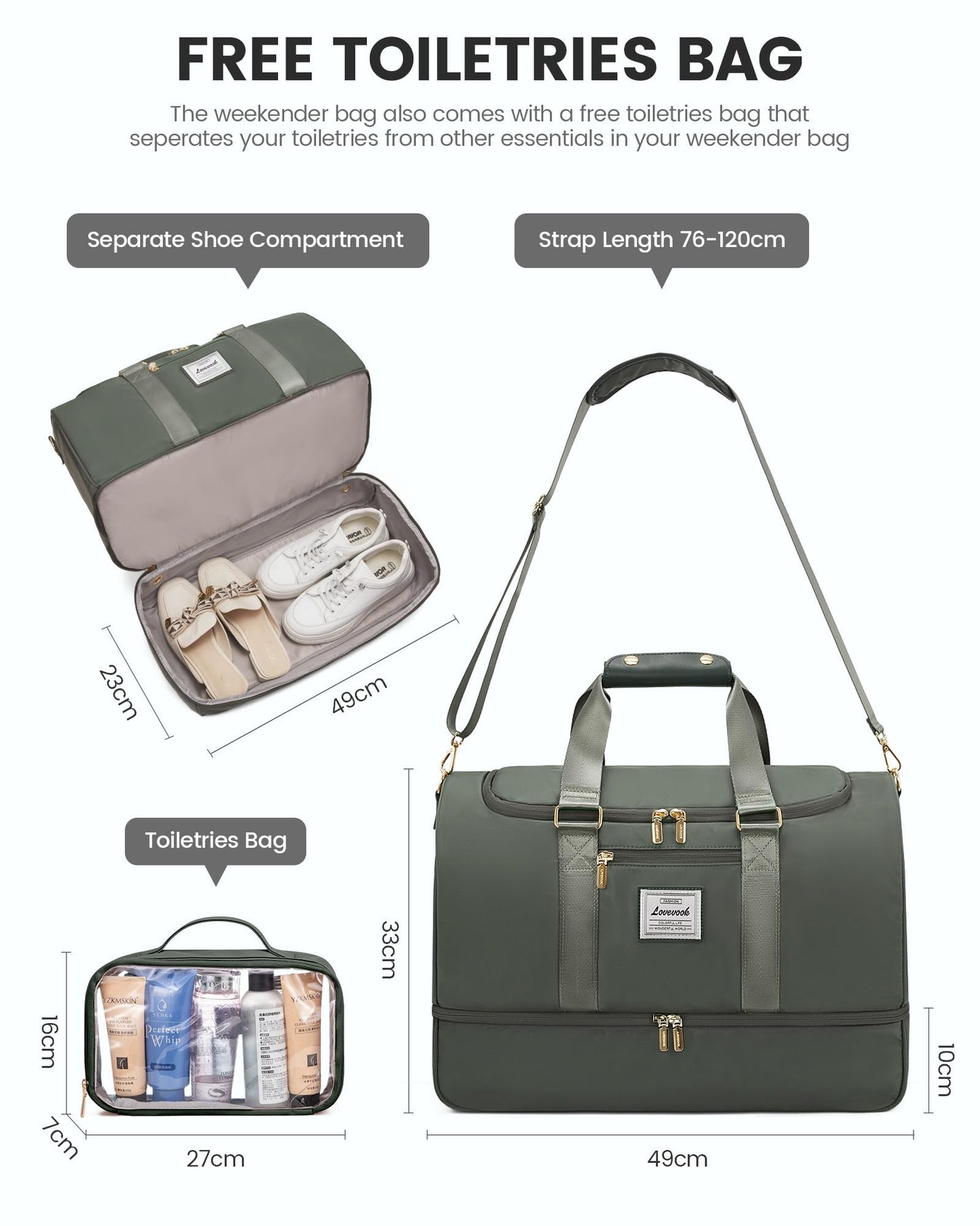 LOVEVOOK sports bag for women, weekender travel bag with toiletry bag, shoe compartment & wet pocket, waterproof beach bag swim bag sauna bag, carry-on bag for sports vacation, green