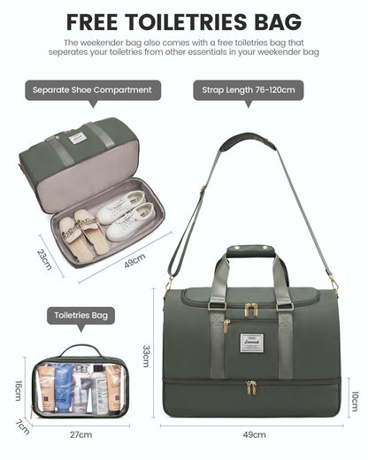 LOVEVOOK sports bag for women, weekender travel bag with toiletry bag, shoe compartment & wet pocket, waterproof beach bag swim bag sauna bag, carry-on bag for sports vacation, green