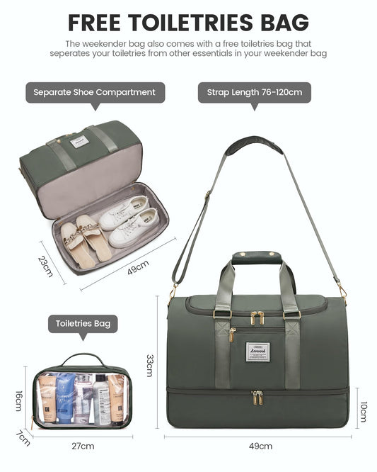 LOVEVOOK sports bag for women, weekender travel bag with toiletry bag, shoe compartment & wet pocket, waterproof beach bag swim bag sauna bag, carry-on bag for sports vacation, green