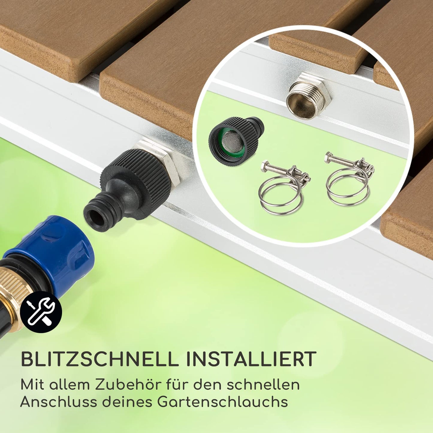 Blumfeldt Mobile Garden Shower, outdoor shower for the garden, floor shower with 4m fountain height, floor garden shower with wood look for pool & sauna, outdoor shower waterproof, frost- & UV-resistant.
