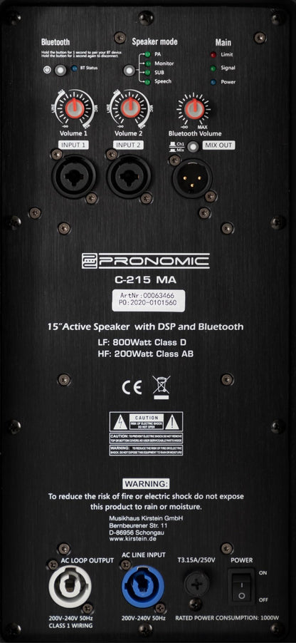 Pronomic C-215 MA Stereo Set - Two active 2-way speakers - Power: 2000 watts - 15" woofer + 1.75" tweeter - Bluetooth receiver and DSP presets - Plastic housing with monitor tilt angle.