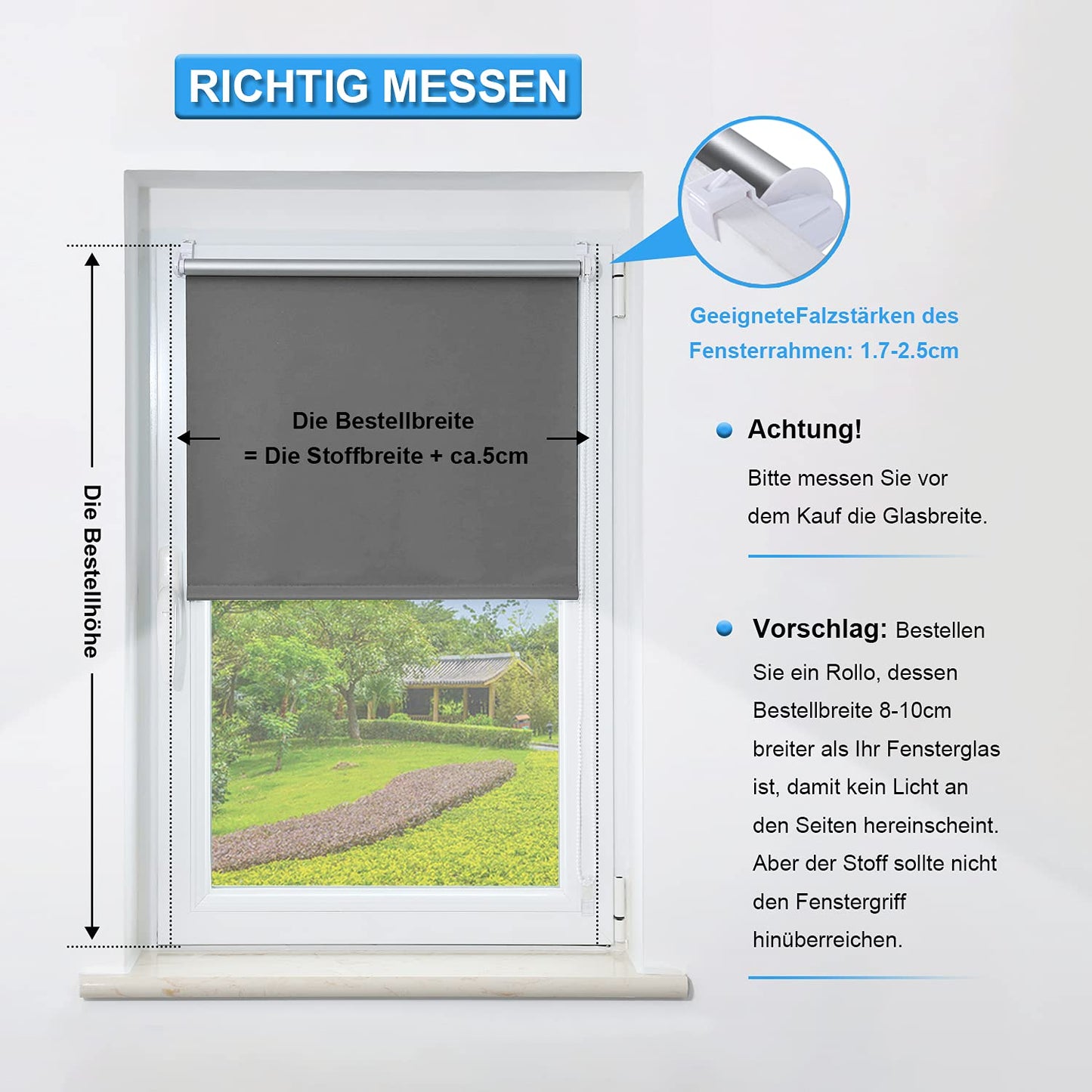 Blackout roller blind without drilling, for windows 47" x 78" (fabric width 45") in dark gray. Thermal roller blind with clamp fixing, side pull roller blind for privacy and sun protection. Wall mountable.