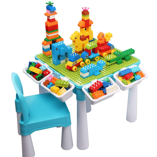 Burgkidz 5-in-1 Children's Activity Table Set - 128 Pieces Compatible with Building Blocks Toys, Play Table Includes 1 Chair and Building Block Table with Storage, Green Base Plate/Blue Color