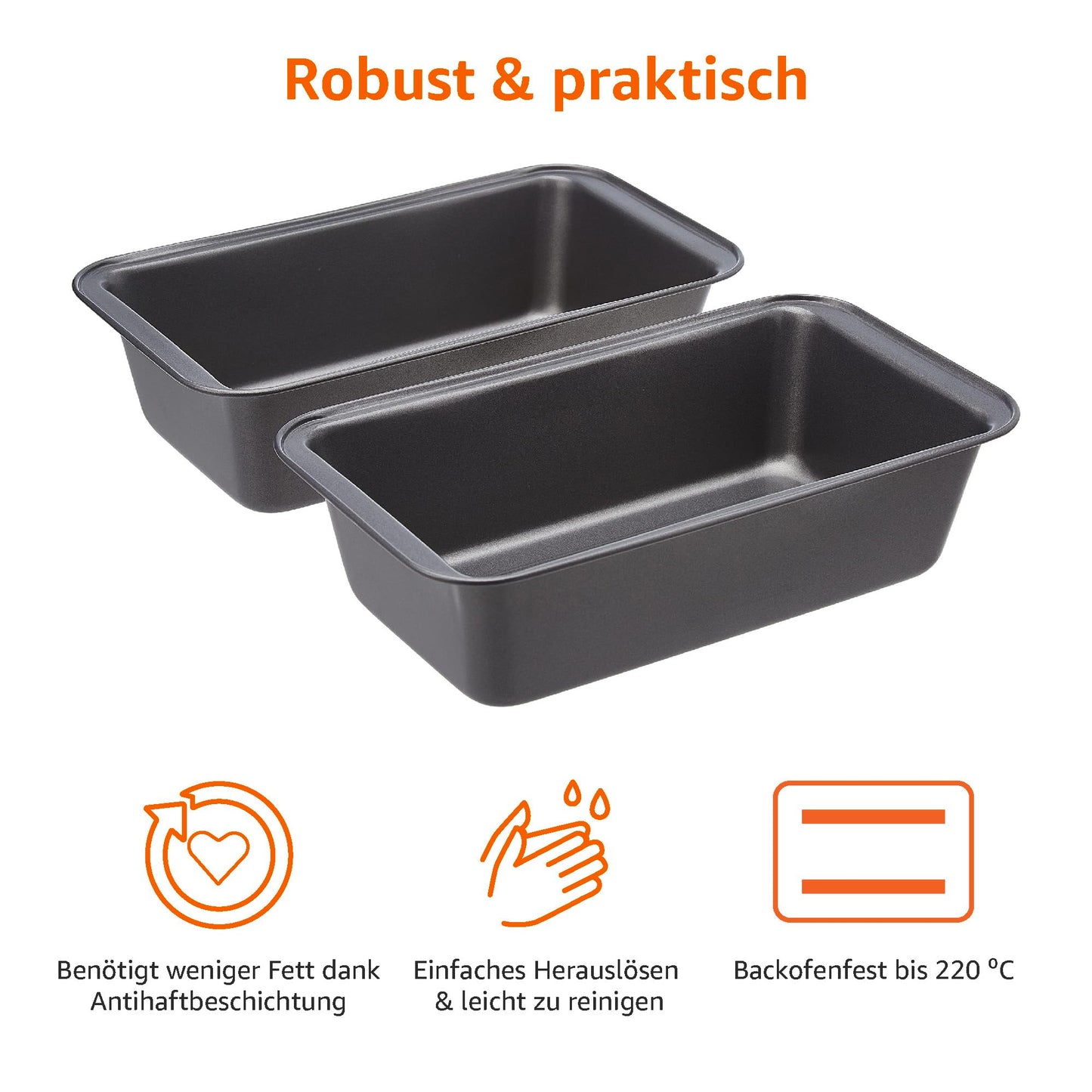 Amazon Basics Rectangular Bread Baking Pan, 2-Pack, non-stick coated, carbon steel, Gray, 27x15x7 cm