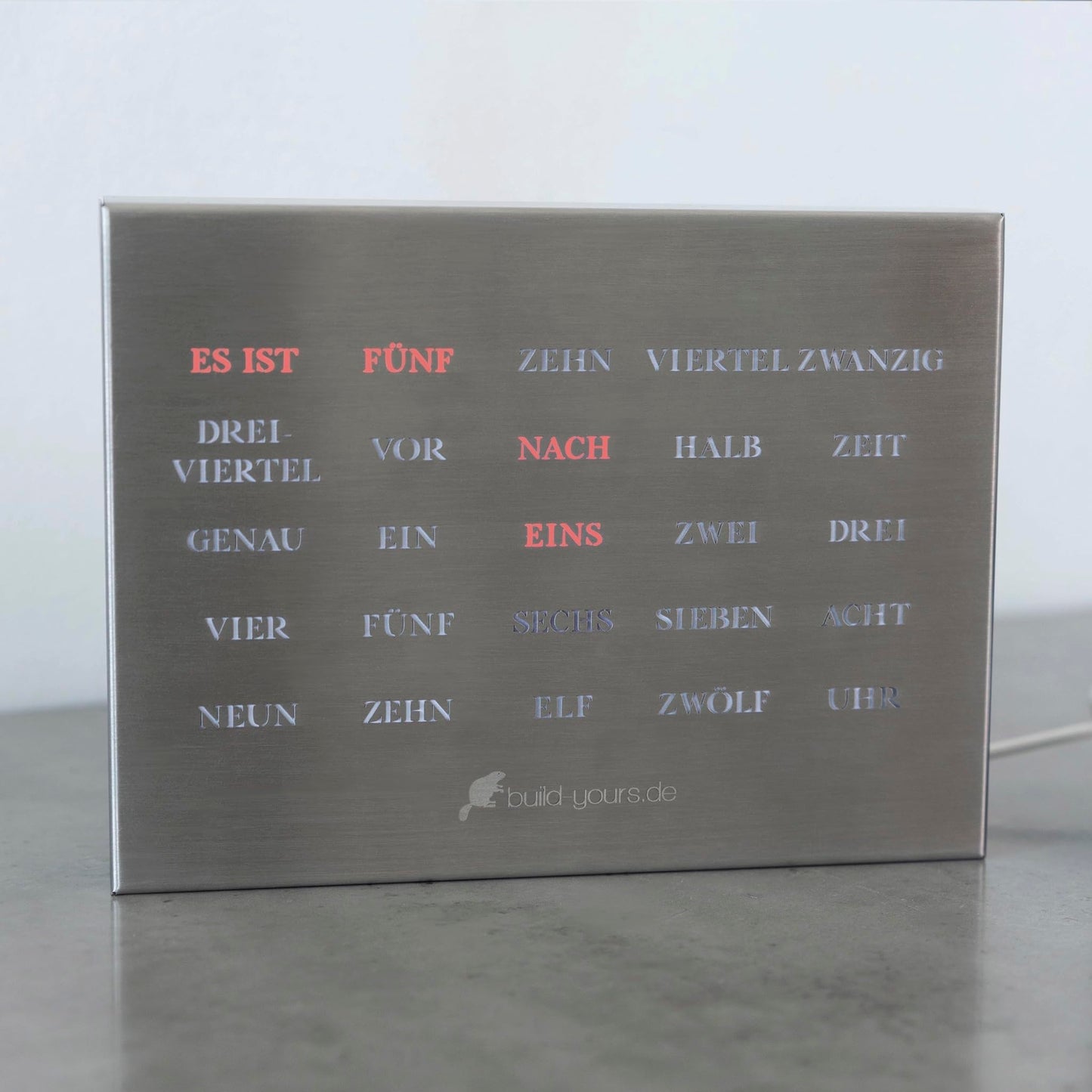 build-your-own BoxClock Stainless Steel - The word clock for your desk - LED desk clock - Elegant office clock made of brushed stainless steel