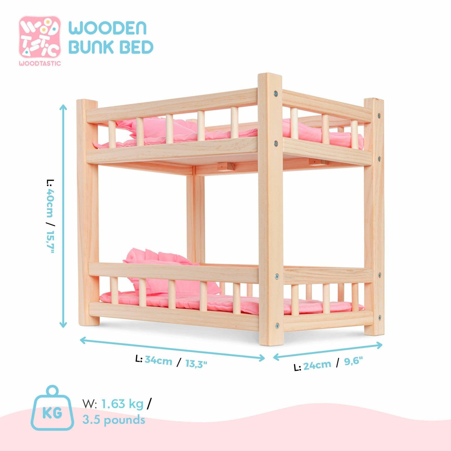 Wooden doll bunk bed - doll bed for dolls up to 36 cm - Creative play with doll furniture in pink.