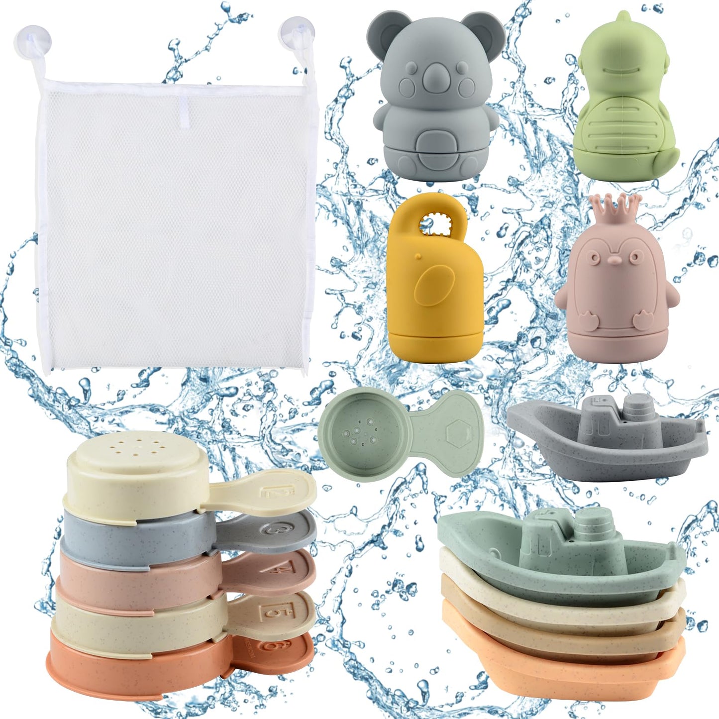 BIQIQI Baby Bath Toys, 15 Pieces Bathtub Toy Baby Silicone Water Toys Kids with Spray Animals Boats Bath Spoons, Floating Swimming Pool Bath Tub Pool Bath Toy for Toddlers