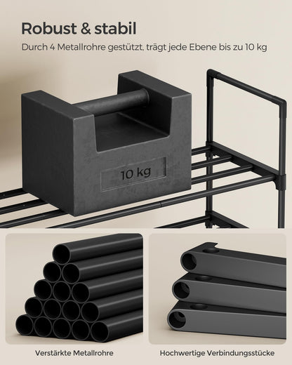 SONGMICS 4-tier shoe rack, made of metal, shoe storage, shoe organizer, can be used vertically or horizontally, holds 20-25 pairs of shoes, stackable, for hallway, 30 x 92 x 75 cm, black LSA14BK