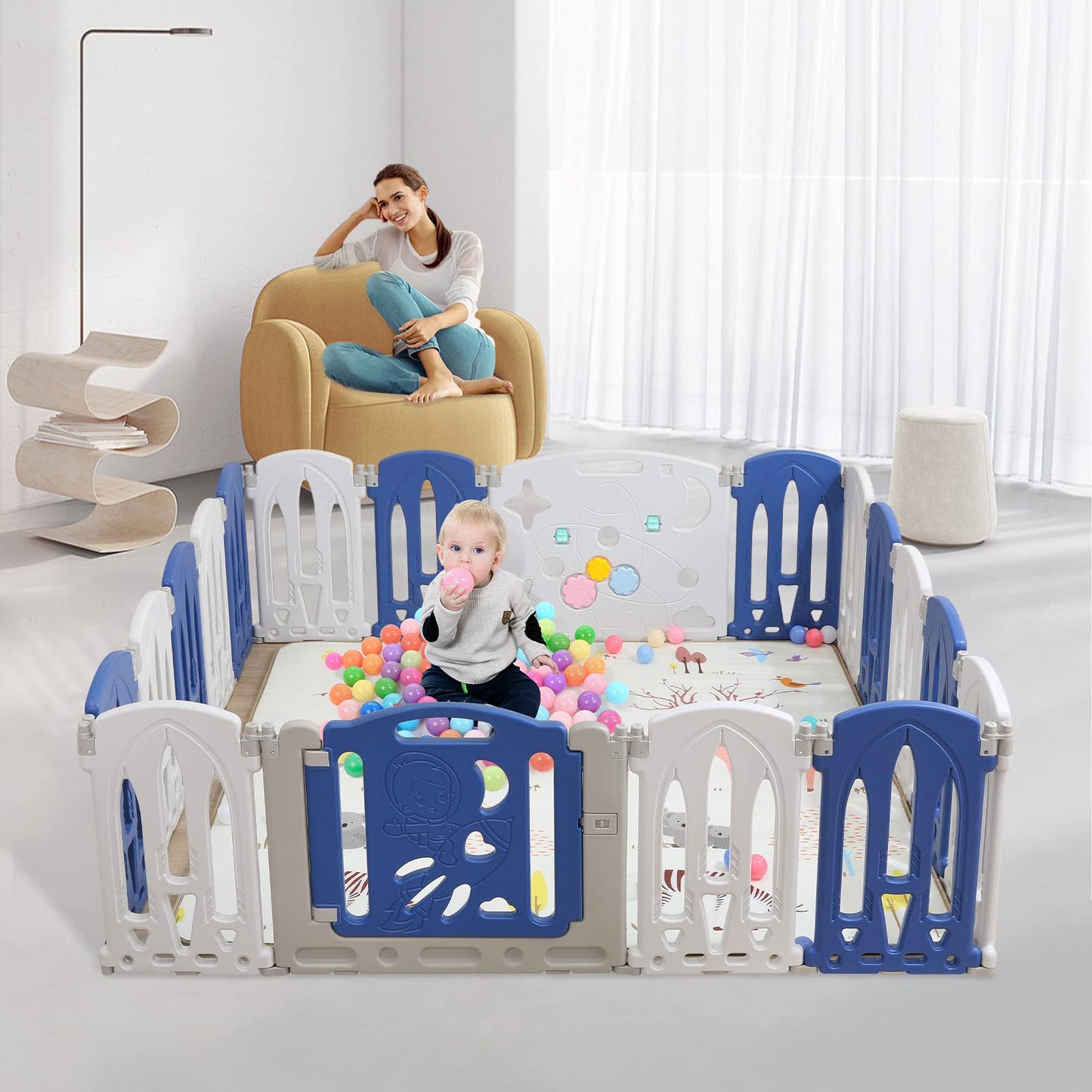 UISEBRT Playpen Baby Playard Foldable with Door and Toy Board, Plastic Safety Fence Playpen Protection Activity Center for Kids, BPA Free, 18 Panels Blue