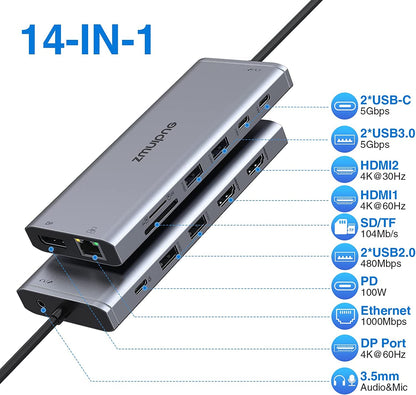 USB C Docking Station Dual Monitor, Triple Display USBC Dock, 14 in 1 Laptop Docking Station with 2 * 4K HDMI, DP/DisplayPort, Ethernet, 4 * USB, 100W PD, USB-C Data, SD/TF, Audio/Mic for Dell HP Lenovo, etc.