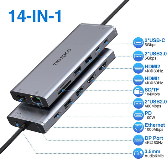 USB C Docking Station Dual Monitor, Triple Display USBC Dock, 14 in 1 Laptop Docking Station with 2 * 4K HDMI, DP/DisplayPort, Ethernet, 4 * USB, 100W PD, USB-C Data, SD/TF, Audio/Mic for Dell HP Lenovo, etc.