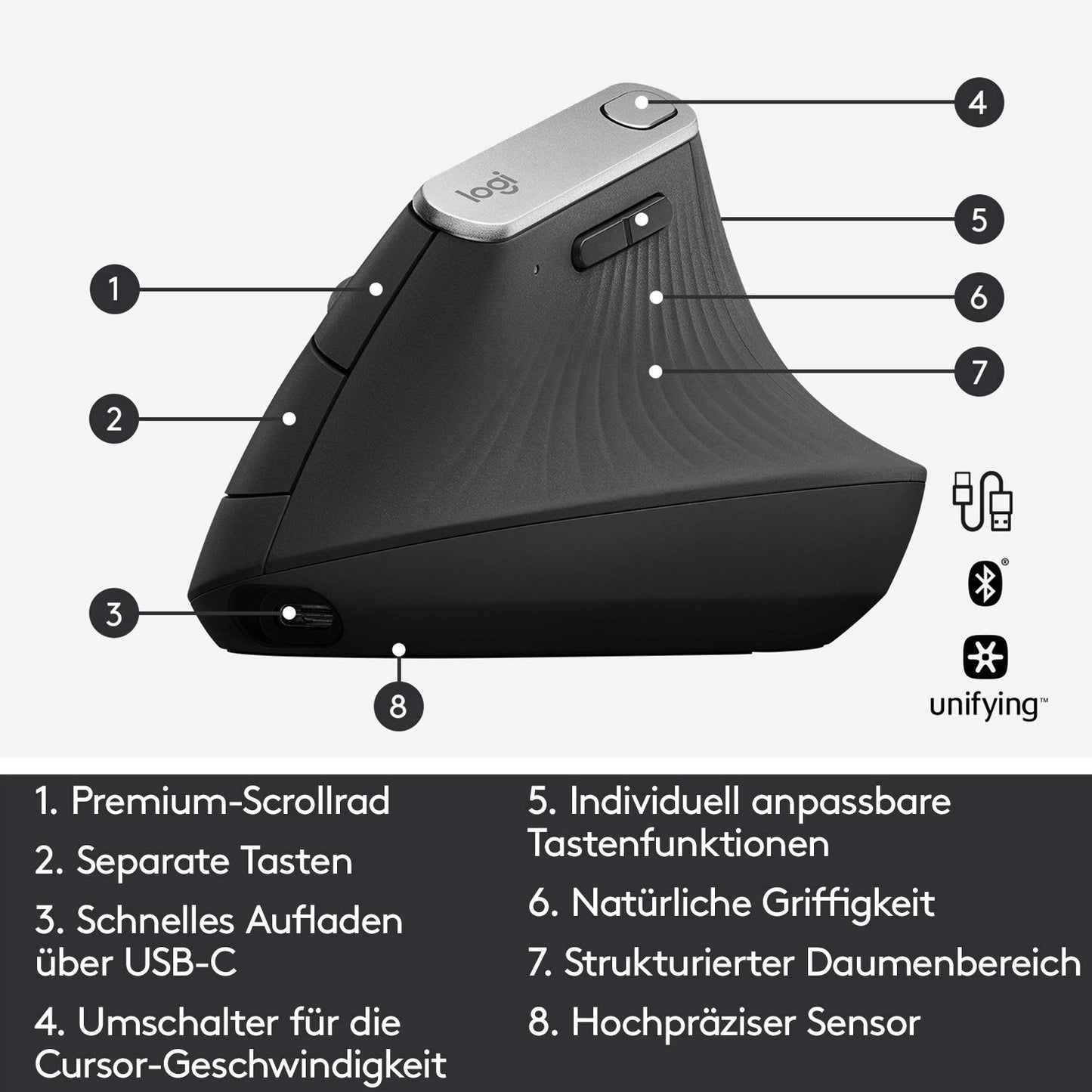 Logitech MX Vertical, Ergonomic Wireless Mouse, Bluetooth and 2.4 GHz connection via Unifying USB receiver, 4000 DPI sensor, rechargeable battery, 4 buttons, multi-device, PC/Mac/iPadOS compatible - Graphite