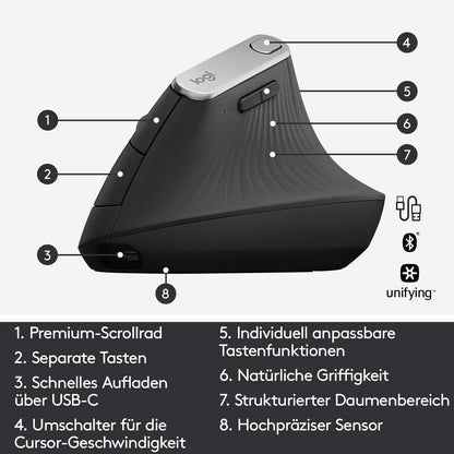 Logitech MX Vertical, Ergonomic Wireless Mouse, Bluetooth and 2.4 GHz connection via Unifying USB receiver, 4000 DPI sensor, rechargeable battery, 4 buttons, multi-device, PC/Mac/iPadOS compatible - Graphite