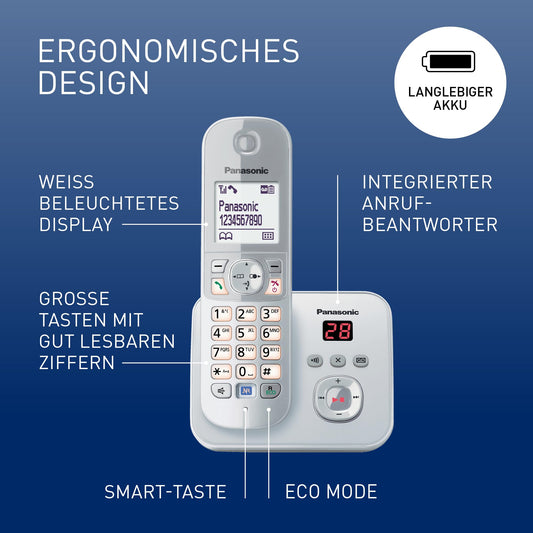Panasonic KX-TG6822GS DECT cordless telephone with answering machine (low radiation, eco mode, GAP phone, landline, call block, duo) pearl-silver.