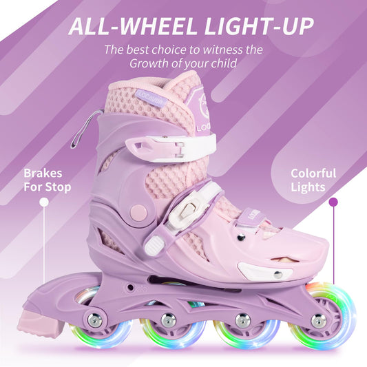 Locavun Kids Inline Skates 4 Sizes Adjustable Inline Skates for Girls Size 26-29 29-34 30-35 Inline skates with 82A PU wheels Rollerskates.