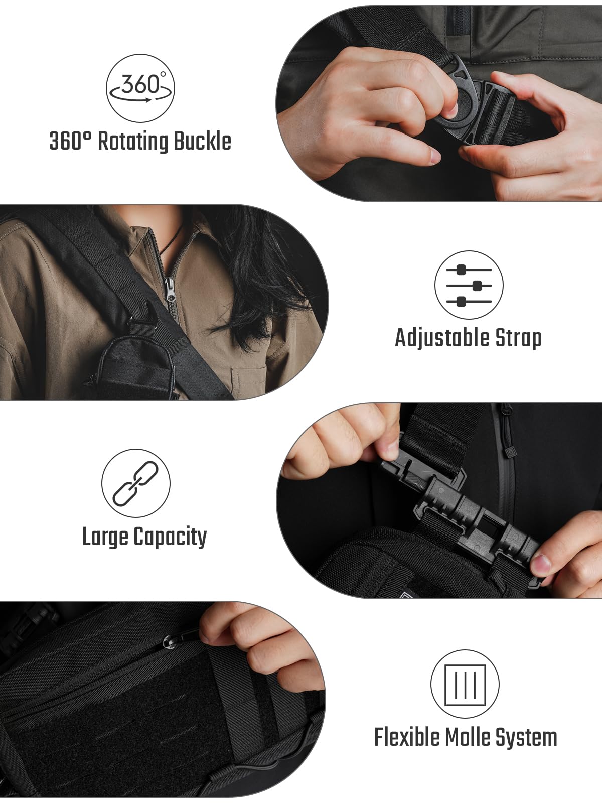 TACTICAL_GEEK Cache L3C EDC Sling Bag Chest Crossbody Bag, 1000D OXFORD CLOTH Shoulder Bag, Waist Bag Shoulder Bag Chest Bag with Adjustable Shoulder Strap for Travel School Hiking, Black