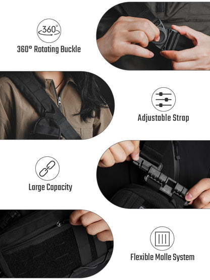 TACTICAL_GEEK Cache L3C EDC Sling Bag Chest Crossbody Bag, 1000D OXFORD CLOTH Shoulder Bag, Waist Bag Shoulder Bag Chest Bag with Adjustable Shoulder Strap for Travel School Hiking, Black