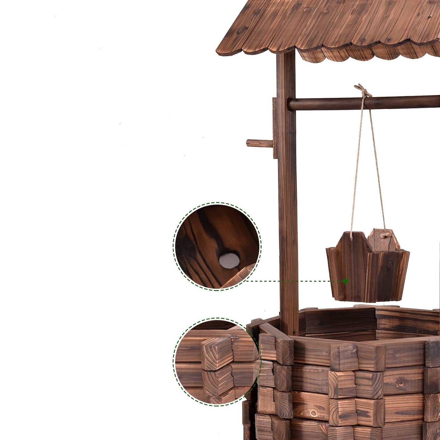 DREAMADE wooden fountain with roof, decorative fountain made of spruce wood, 115 x 60 x 76 cm, wishing well, garden fountain with adjustable bucket, garden decoration.