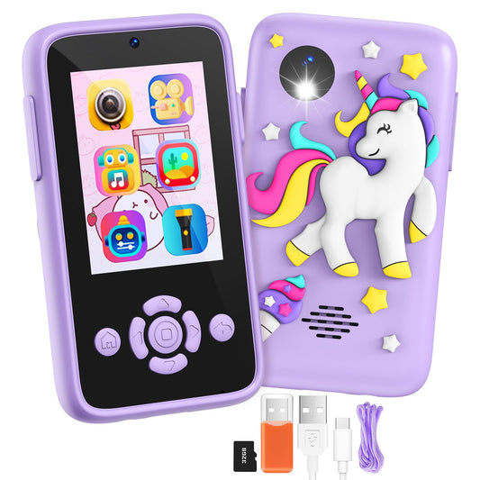 Children's mobile phone with music and games, 2.4" display kids camera with dual camera, 1080P HD kids phone with 32GB SD card, Christmas birthday unicorn gifts toy for 3-12 year old girls (purple)