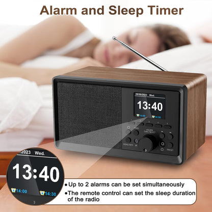 BIAOQINBO DAB Plus Radio/DAB+ with Bluetooth 5.0 FM Digital Radio Nostalgia Radios Portable Retro Radio Wood FM Radio Alarm Clock with Remote Control Kitchen Radio Dual Alarm Color Display Clock Radios