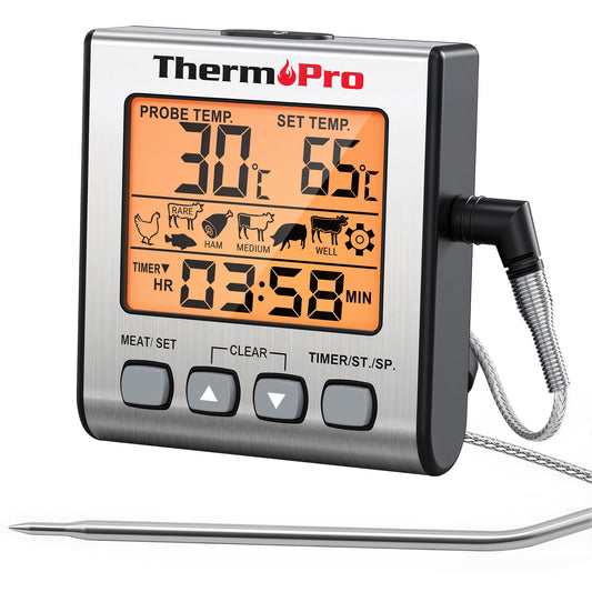 ThermoPro Digital Meat Thermometer Grill Thermometer Roast Thermometer Oven Thermometer with Timer and Backlit Temperature range up to 300°C Kitchen thermometer for BBQ Grill Smoker