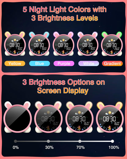 Lemnoi alarm clock for kids, kids sleep trainer for boys and girls, battery powered kids alarm clock light with night light, countdown, snooze function, 3 brightness levels, and colorful light.