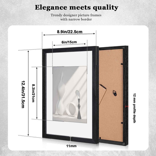 HIMEETIME® 3x Picture Frames DIN A4 21x30 cm Black Wood Photo Frames made of solid wood frame 21x29.7 cm, for pictures A5 15x21cm with mat, for wall hanging or table decoration