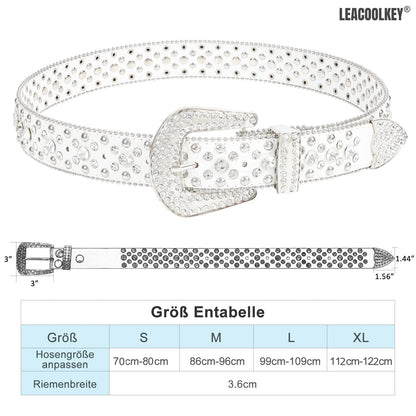 LEACOOLKEY Rhinestone Belt for Women for Jeans, Western Cowgirl Rivet Punk PU Leather Belt, Women's Black Rhinestone Belt (S: Fit waist size 70cm-80cm = 105cm total length, B-White)