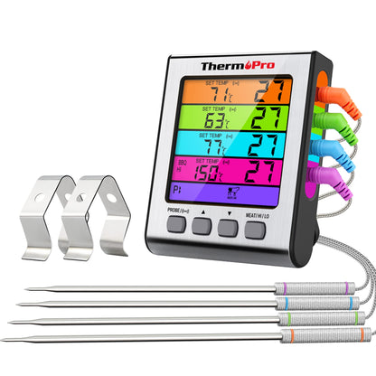 ThermoPro TP17H Digital Grill Thermometer Meat Thermometer Oven Thermometer with 4 Stainless Steel Probes, Blue Backlight, Wine Thermometer Temperature Range up to 300°C