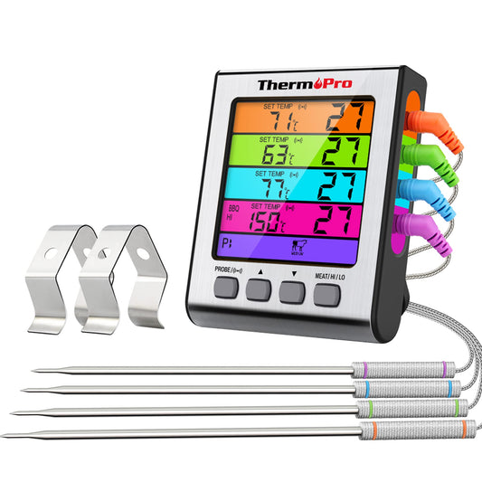 ThermoPro TP17H Digital Grill Thermometer Meat Thermometer Oven Thermometer with 4 Stainless Steel Probes, Blue Backlight, Wine Thermometer Temperature Range up to 300°C