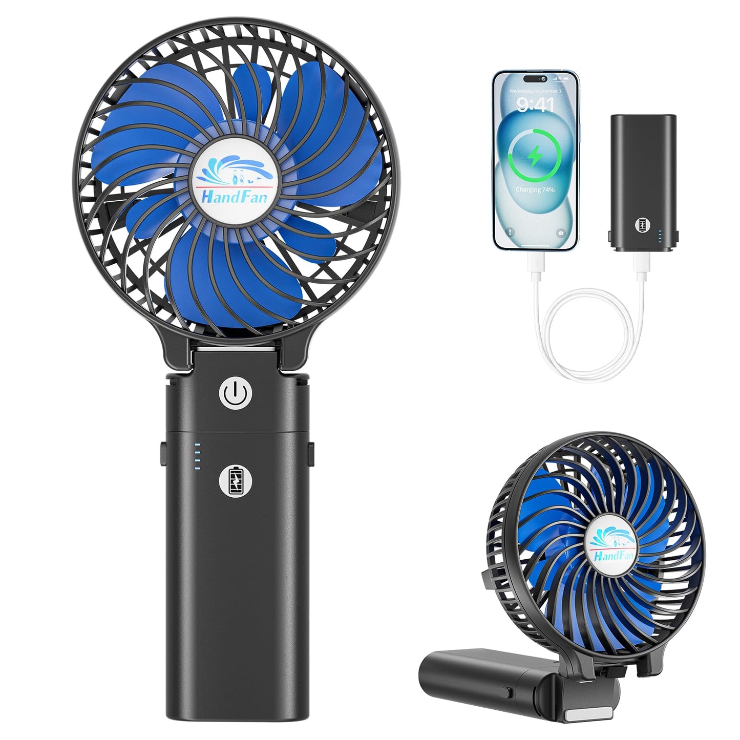 HandFan 5200mAh Battery Operated Handheld Fan Portable Hand Fan with Powerbank USB 180° Foldable Desktop Fan Personal 3 Speed Fan for Office Home Outdoor Camping Stroller