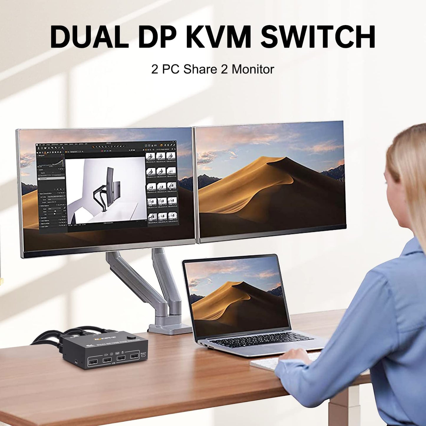 YOUTINGHDAV KVM Switch 2 PC 2 Monitors Displayport 1.4, USB KVM Switch Dual Monitor Displayport 4K@144Hz for sharing 2 PC, 4 USB devices keyboard, mouse, with Wired Remote and cables.