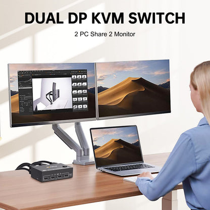YOUTINGHDAV KVM Switch 2 PC 2 Monitors Displayport 1.4, USB KVM Switch Dual Monitor Displayport 4K@144Hz for sharing 2 PC, 4 USB devices keyboard, mouse, with Wired Remote and cables.