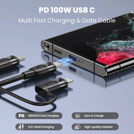 100W multi-USB cable, 6 in 1 multi charging cable USB C cable PD 5A fast charging cable USB A/C to USB C [100W] / iP [30W] / Micro [18W] Multiple universal charging cable for laptop tablet phone, 1.2M black