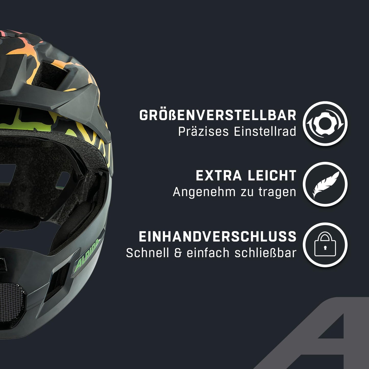Alpina Rupi - Lightweight and secure full-face helmet for kids and teens, suitable for mountain biking beginners. Detachable chin guard, adjustable fit, optimal ventilation. Fading neon design, 50-55 cm.