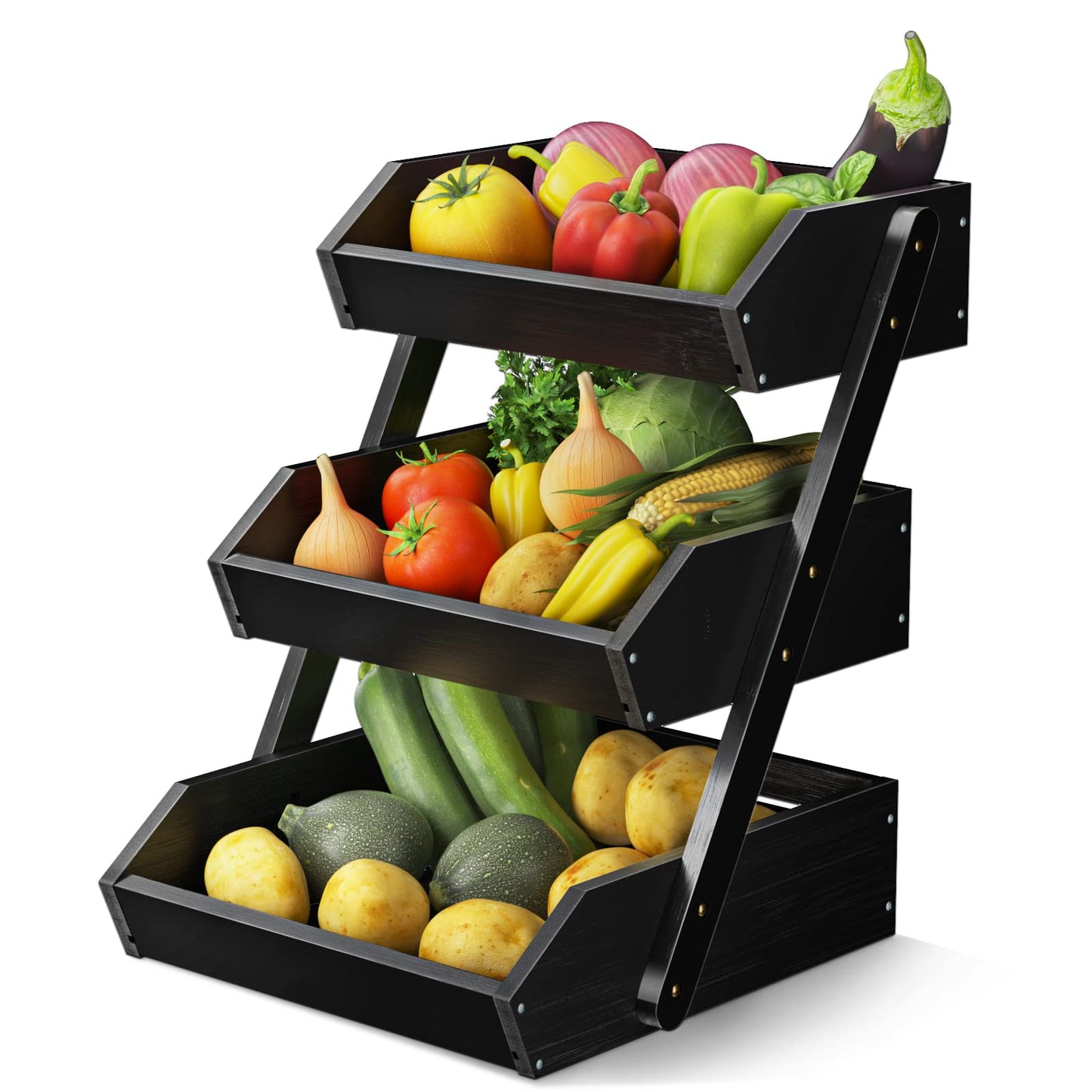 G.a HOMEFAVOR Bamboo Fruit Basket 3 Tier Removable Fruit Stand Storage Holder for Vegetables Snacks Bread Kitchen, Black
