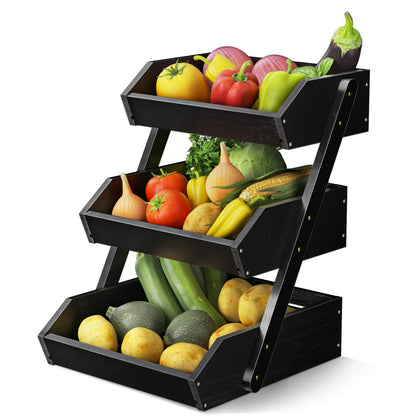 G.a HOMEFAVOR Bamboo Fruit Basket 3 Tier Removable Fruit Stand Storage Holder for Vegetables Snacks Bread Kitchen, Black