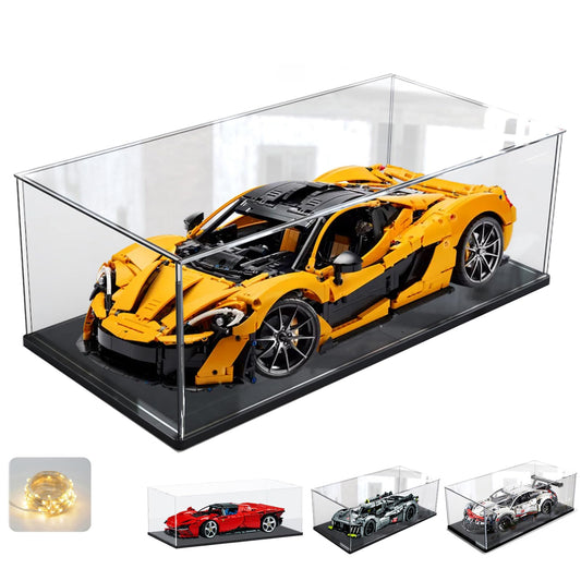 Acrylic display case for Lego 42172 McLaren P1 42143 42096 42156 42115 model cars collectibles, glass showcase acrylic box clear large with wood-plastic base & lights, black interior 60x30x20cm