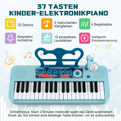 DREAMADE Kids Keyboard, 37 Keys Electronic Piano with Music Stand & Microphone & Stool, Piano Toy for Children aged 3+, Supports up to 50kg (Blue)