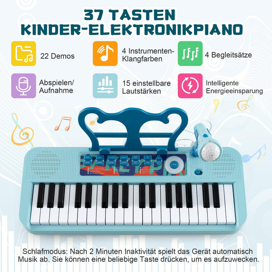 DREAMADE Kids Keyboard, 37 Keys Electronic Piano with Music Stand & Microphone & Stool, Piano Toy for Children aged 3+, Supports up to 50kg (Blue)