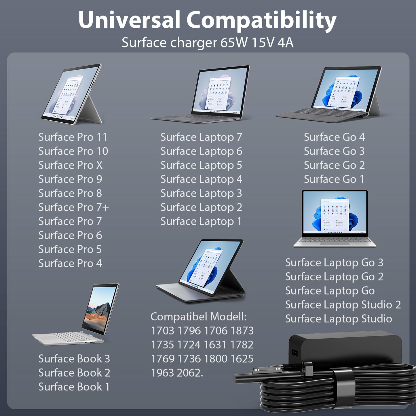 65W Surface charging cable 15V 4A Microsoft charger power supply for Surface Pro 11/X/10/9/8/7/7+/6/5/4/3, Surface Laptop 7/6/5/4/3/2/1, Surface Go 4/3/2/1, Surface Book 3/2/1, Model 1706 1796 1800 with USB