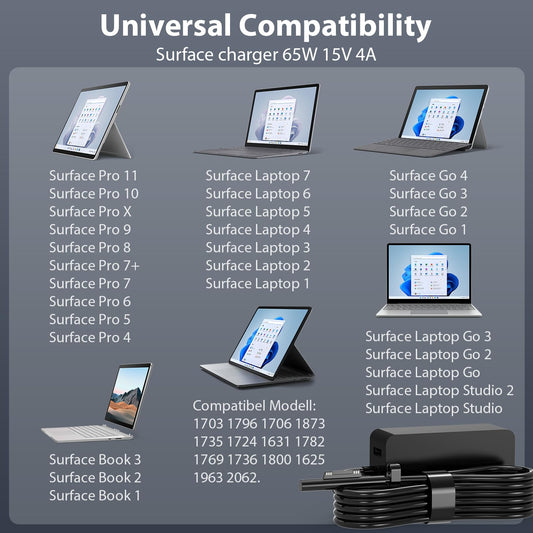 65W Surface charging cable 15V 4A Microsoft charger power supply for Surface Pro 11/X/10/9/8/7/7+/6/5/4/3, Surface Laptop 7/6/5/4/3/2/1, Surface Go 4/3/2/1, Surface Book 3/2/1, Model 1706 1796 1800 with USB