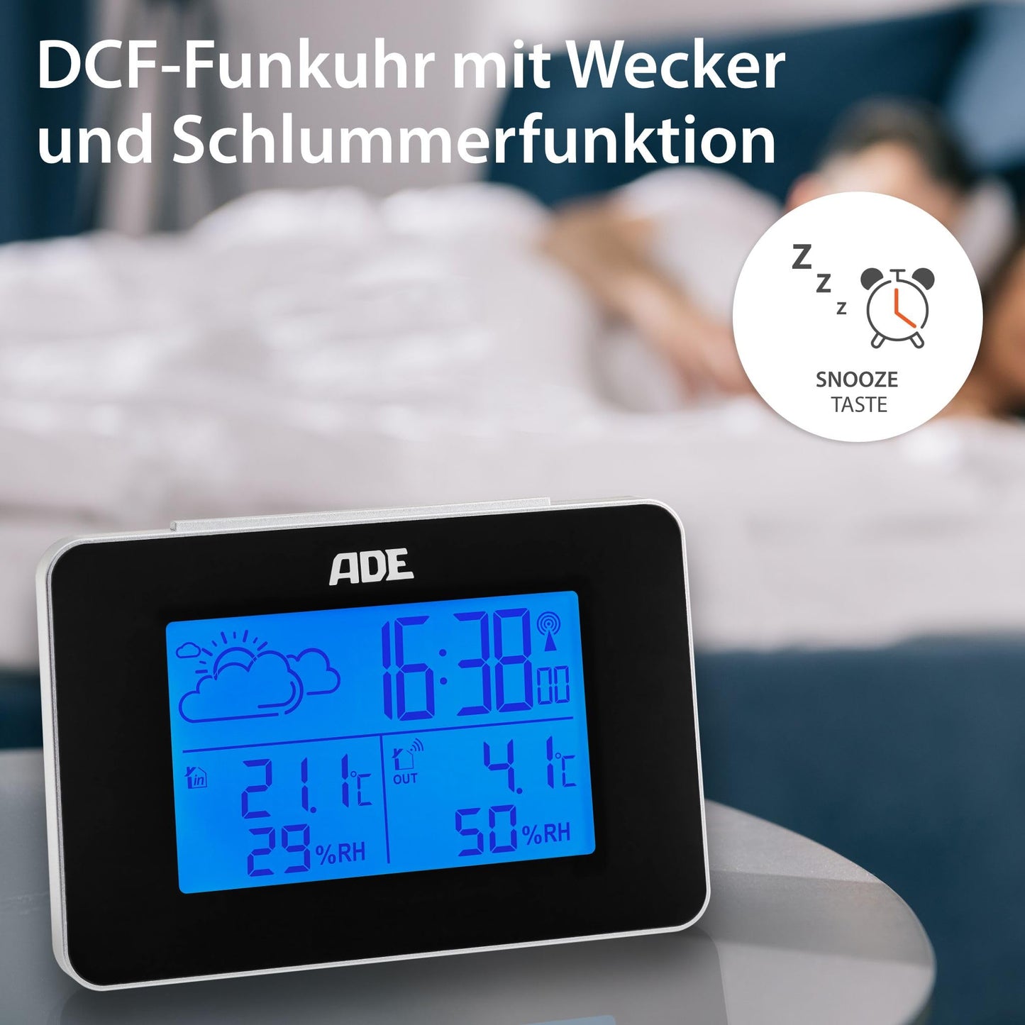 ADE Digital Weather Station with Wireless Outdoor Sensor | Indoor and Outdoor Temperature | Humidity Meter | Animated Weather Forecast | Radio Alarm Clock with Snooze Function | Black | Blue Backlight